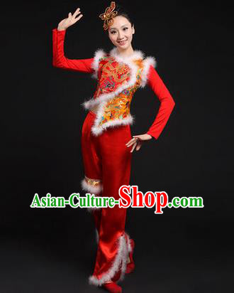 Traditional Chinese Yangge Fan Dancing Costume, Classic Dance Folk Dance Yangko Costume Drum Dance Red Dragon Clothing for Women