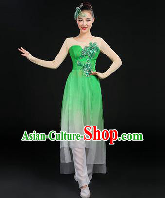 Traditional Chinese Yangge Fan Dancing Costume, Opening Dance Costume, Classic Dance Folk Dance Yangko Costume Drum Dance Green Peony Clothing for Women
