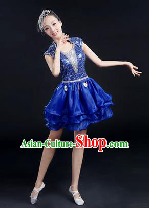 Traditional Chinese Modern Dancing Costume, Women Opening Classic Chorus Singing Group Dance Paillette Costume, Modern Dance Short Blue Peony Dress for Women