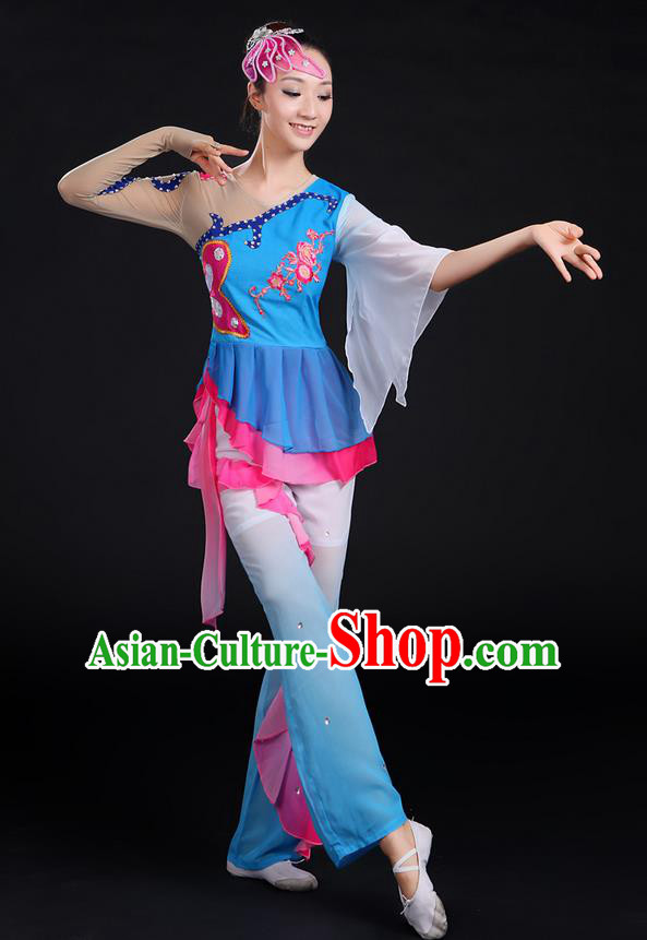 Traditional Chinese Yangge Fan Dancing Costume, Folk Dance Yangko Paillette Flowers Uniforms, Classic Dance Dress Drum Dance Blue Clothing for Women