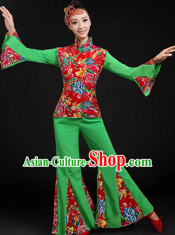 Traditional Chinese Yangge Fan Dancing Costume, Folk Dance Yangko Peony Uniforms, Classic Dance Dress Drum Dance Green Clothing for Women