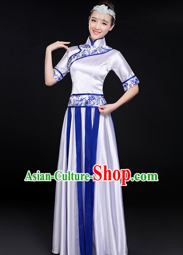 Traditional Modern Dancing Costume, Women Opening Classic Chorus Singing Group Dance Blue and White Porcelain Uniforms, Modern Dance Long Cheongsam Blue Dress for Women
