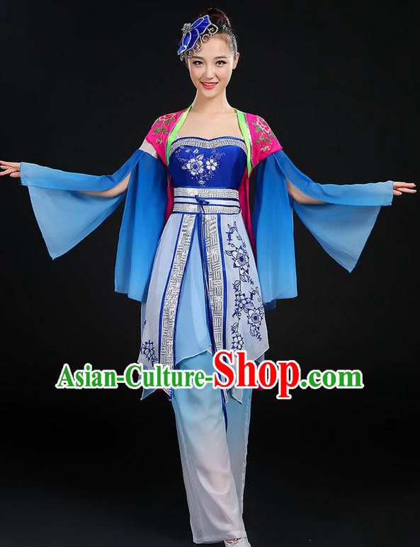 Traditional Chinese Yangge Fan Dancing Costume, Folk Dance Yangko Blue and White Porcelain Uniforms, Classic Dance Dress Drum Dance Blue Clothing for Women