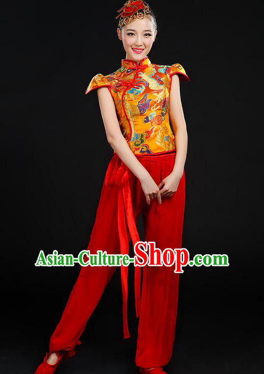 Traditional Chinese Yangge Fan Dancing Costume, Folk Dance Yangko Mandarin Collar Uniforms, Classic Dance Elegant Dress Drum Dance Painting Dragon Golden Clothing for Women