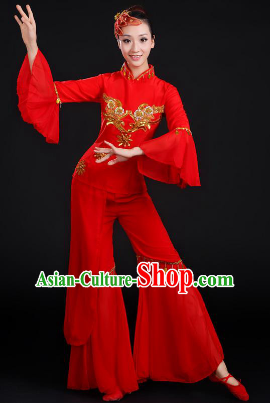 Traditional Chinese Yangge Fan Dancing Costume, Folk Dance Yangko Uniforms, Classic Dance Elegant Dress Drum Dance Paillette Red Clothing for Women