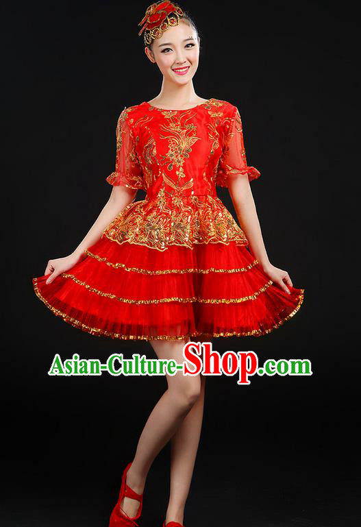 Traditional Chinese Modern Dancing Compere Costume, Women Opening Classic Chorus Singing Group Dance Uniforms, Modern Dance Classic Dance Paillette Bubble Dress for Women