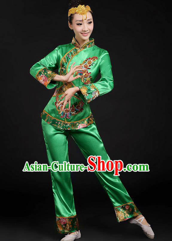 Traditional Chinese Yangge Fan Dancing Costume, Folk Dance Yangko Uniforms, Classic Umbrella Dance Elegant Dress Drum Dance Green Paillette Phoenix Clothing for Women