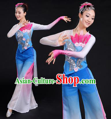 Traditional Chinese Yangge Fan Dancing Costume, Folk Dance Yangko Uniforms, Classic Dance Elegant Paillette Dress Drum Dance Blue Clothing for Women
