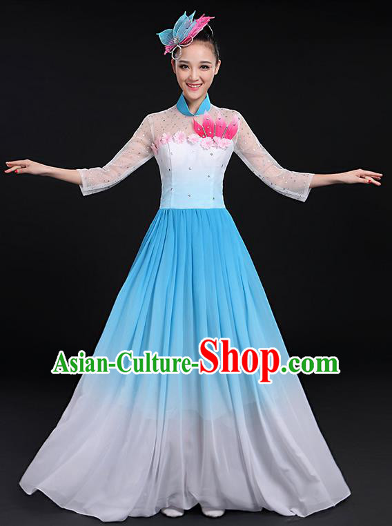 Traditional Chinese Modern Dancing Compere Costume, Women Opening Classic Chorus Singing Group Dance Big Swing Uniforms, Modern Dance Long Blue Flowers Dress for Women