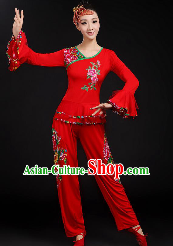 Traditional Chinese Yangge Fan Dancing Costume, Folk Dance Yangko Mandarin Sleeve Uniforms, Classic Dance Elegant Dress Drum Dance Peony Red Clothing for Women