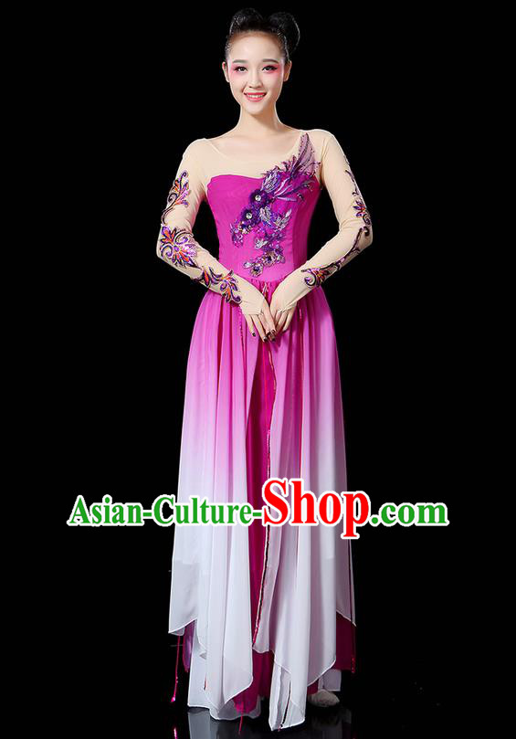 Traditional Chinese Yangge Fan Dancing Costume, Folk Dance Yangko Uniforms, Classic Umbrella Dance Elegant Dress Drum Dance Sequins Phoenix Purple Clothing for Women
