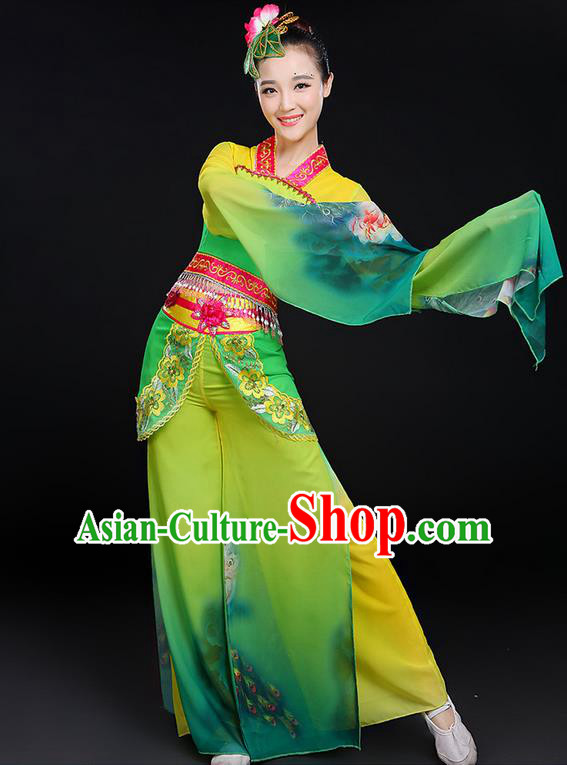 Traditional Chinese Yangge Fan Dancing Costume, Folk Dance Yangko Water Sleeve Uniforms, Classic Umbrella Dance Elegant Dress Drum Dance Green Clothing for Women