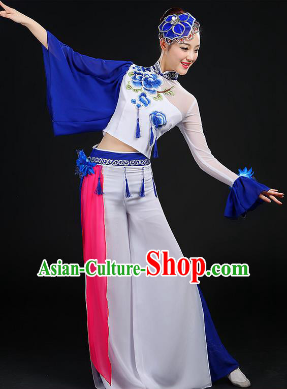 Traditional Chinese Yangge Fan Dancing Costume, Folk Dance Yangko Mandarin Sleeve Blue and White Porcelain Uniforms, Classic Umbrella Dance Elegant Dress Drum Dance Embroidered Peony Clothing for Women