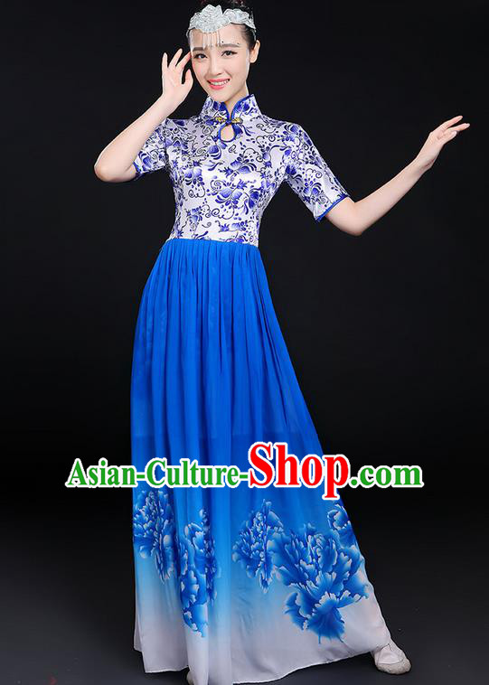 Traditional Chinese Modern Dancing Compere Costume, Women Opening Classic Chorus Singing Group Dance Uniforms, Modern Dance Classic Dance Big Swing Blue Cheongsam Dress for Women