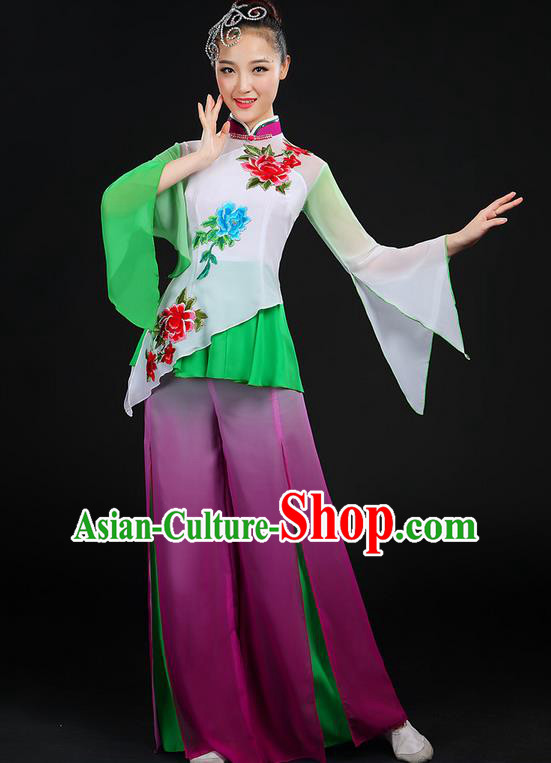 Traditional Chinese Yangge Fan Dancing Costume, Folk Dance Yangko Mandarin Sleeve Embroidered Peony Uniforms, Classic Dance Elegant Dress Drum Dance Flowers Clothing for Women