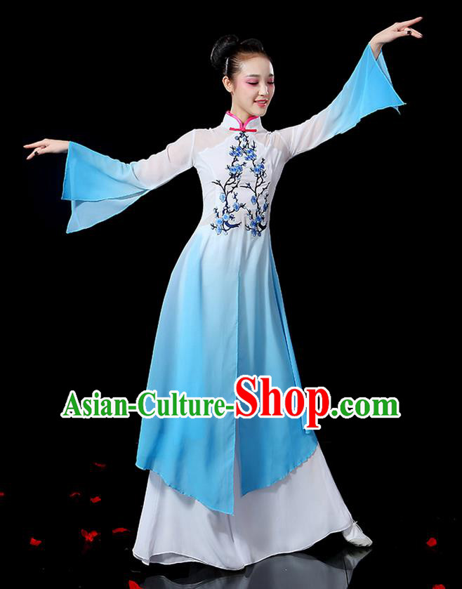 Traditional Chinese Yangge Fan Dancing Costume, Folk Dance Yangko Mandarin Sleeve Embroidered Plum Blossom Uniforms, Classic Umbrella Dance Elegant Dress Drum Dance Blue Clothing for Women