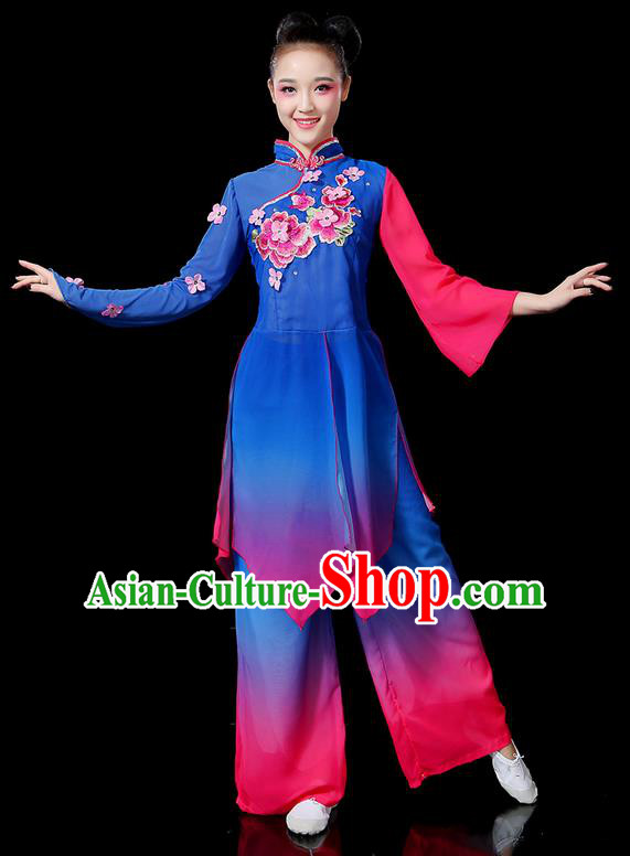 Traditional Chinese Yangge Fan Dancing Costume, Folk Dance Yangko Mandarin Sleeve Uniforms, Classic Dance Elegant Embroidered Peony Dress Drum Dance Clothing for Women