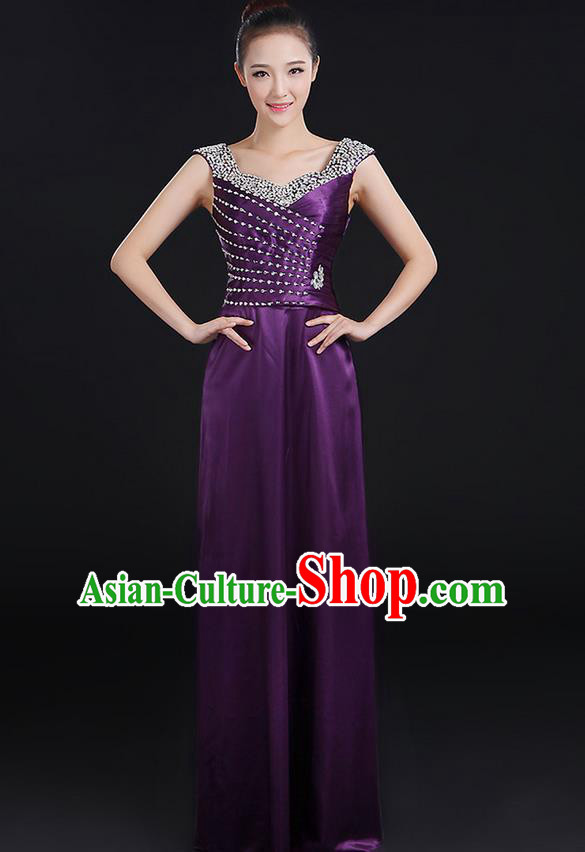 Traditional Chinese Modern Dancing Compere Costume, Women Opening Classic Chorus Singing Group Dance Crystal Dress Uniforms, Modern Dance Classic Dance Purple Dress for Women