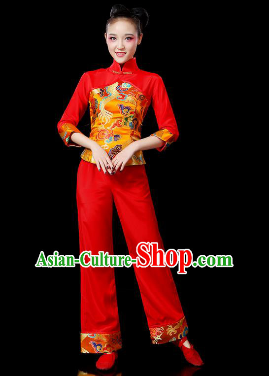 Traditional Chinese Yangge Fan Dancing Costume, Folk Dance Yangko Mandarin Sleeve Uniforms, Classic Dance Elegant Stand Collar Dress Drum Dance Gold Clothing for Women