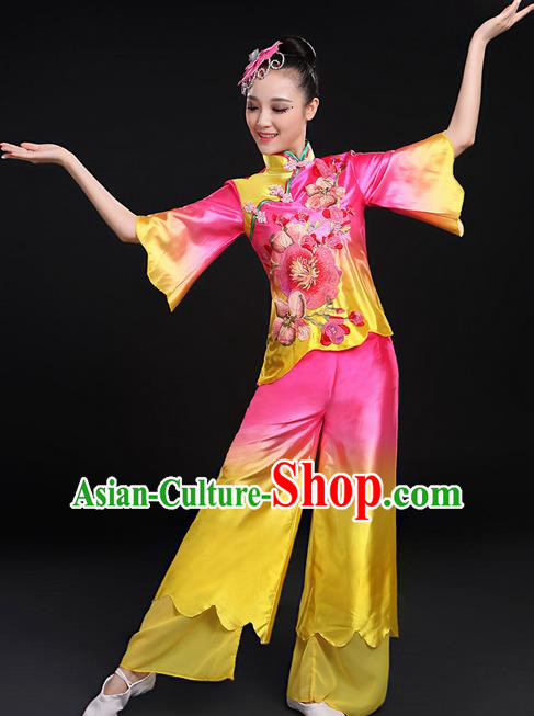 Traditional Chinese Yangge Fan Dancing Costume, Folk Dance Yangko Uniforms, Classic Umbrella Dance Elegant Mandarin Sleeve Dress Drum Dance Pink Clothing for Women