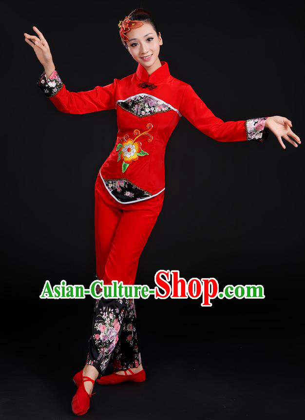 Traditional Chinese Yangge Fan Dancing Costume, Folk Dance Yangko Uniforms, Classic Umbrella Dance Elegant Dress Drum Dance Red Clothing for Women