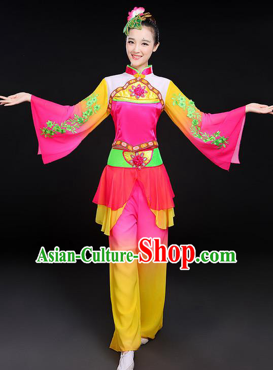Traditional Chinese Yangge Fan Dancing Costume, Folk Dance Yangko Flowers Mandarin Sleeve Uniforms, Classic Umbrella Dance Elegant Dress Drum Dance Clothing for Women