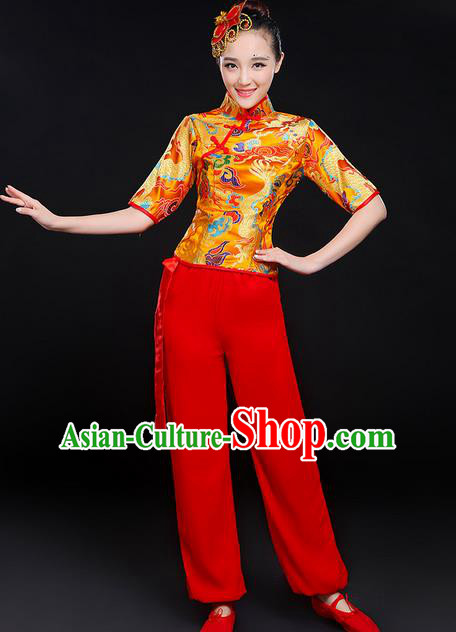 Traditional Chinese Yangge Fan Dancing Costume, Folk Dance Yangko Dragon Uniforms, Classic Umbrella Dance Elegant Dress Drum Dance Gold Clothing for Women