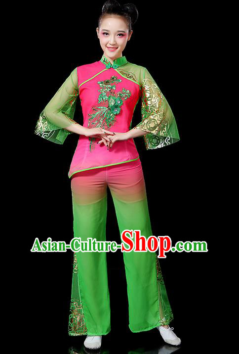 Traditional Chinese Yangge Fan Dancing Costume, Folk Dance Yangko Mandarin Sleeve Uniforms, Classic Umbrella Dance Elegant Dress Drum Dance Green Clothing for Women