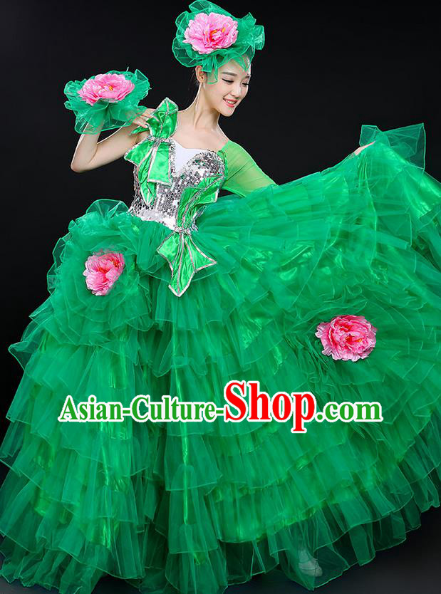 Traditional Chinese Modern Dancing Compere Costume, Women Opening Classic Chorus Singing Group Dance Bubble Peony Uniforms, Modern Dance Classic Dance Big Swing Green Dress for Women