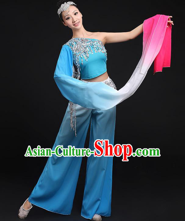 Traditional Chinese Yangge Fan Dancing Costume, Folk Dance Yangko Water Sleeve Paillette Uniforms, Classic Umbrella Dance Elegant Dress Drum Dance Blue Clothing for Women