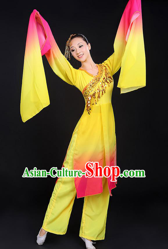 Traditional Chinese Yangge Fan Dancing Costume, Folk Dance Yangko Water Sleeve Paillette Uniforms, Classic Umbrella Dance Elegant Dress Drum Dance Clothing for Women