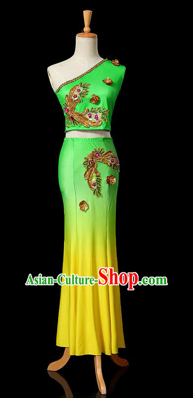 Traditional Chinese Dai Nationality Peacock Dancing Costume, Folk Dance Ethnic Fishtail Dress Uniform, Chinese Minority Nationality Dancing Green Clothing for Women