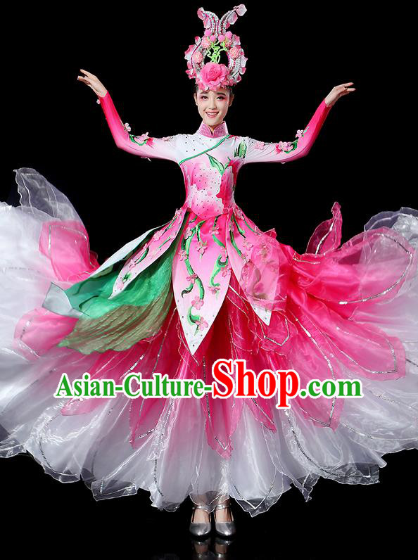 Traditional Chinese Dancing Costume and Headwear Complete Set, Women Opening Classic Chorus Singing Group Dance Lotus Uniforms Classic Dance Big Swing Pink Dress for Women