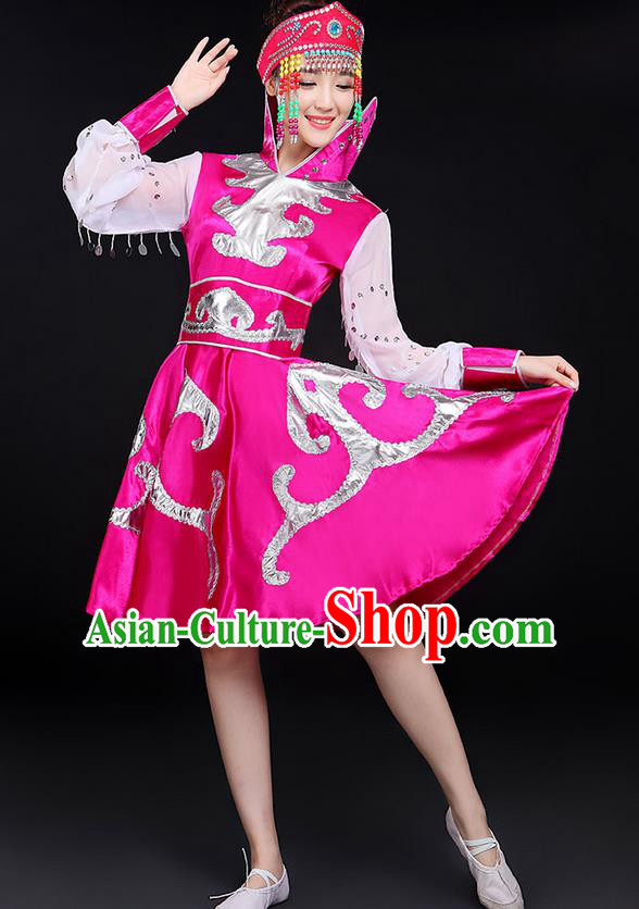 Traditional Chinese Mongol Nationality Dancing Costume, Mongols Female Folk Dance Ethnic Pink Skirt, Chinese Mongolian Minority Nationality Embroidery Costume for Women