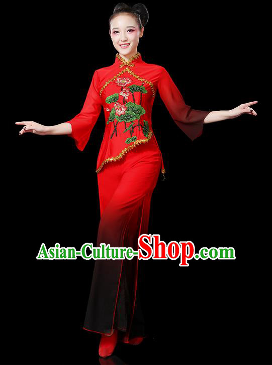 Traditional Chinese Yangge Fan Dancing Costume, Folk Dance Yangko Gradient Red Uniforms, Classic Umbrella Dance Elegant Dress Drum Dance Clothing for Women