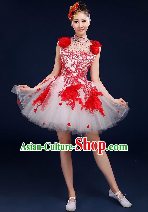 Traditional Chinese Style Modern Dancing Compere Costume, Women Opening Classic Chorus Singing Group Dance Big Swing Uniforms, Modern Dance Classic Dance Red Bubble Dress for Women