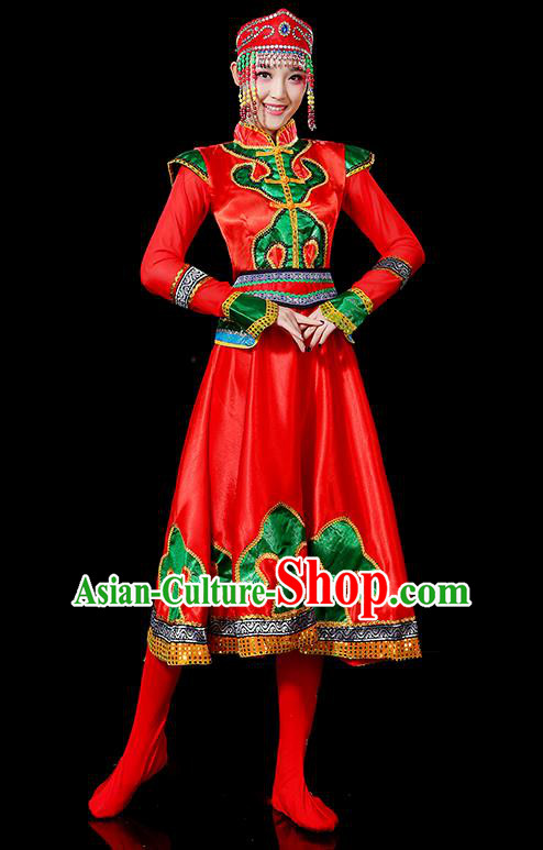 Traditional Chinese Mongol Nationality Dancing Costume, Mongols Female Folk Dance Ethnic Palace Princess Dress, Chinese Mongolian Minority Nationality Embroidery Red Costume for Women