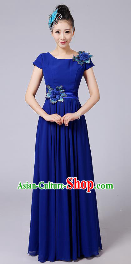 Traditional Chinese Modern Dancing Compere Costume, Women Opening Classic Chorus Singing Group Dance Uniforms, Modern Dance Classic Dance Big Swing Long Blue Full Dress for Women