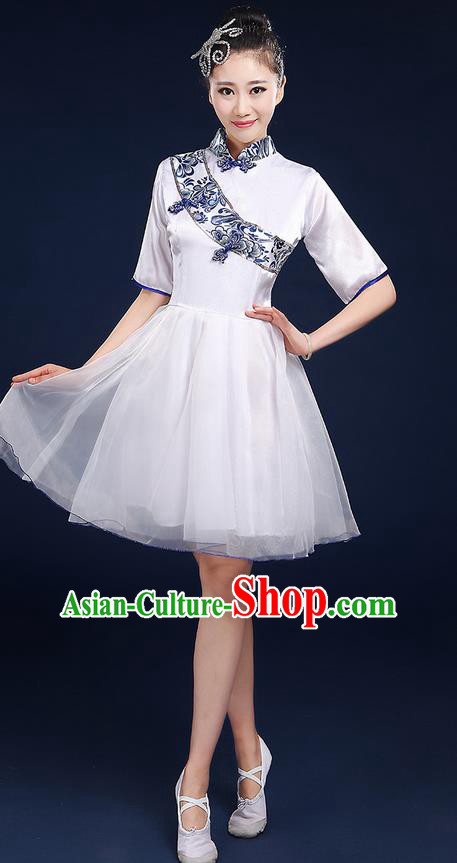 Traditional Chinese Style Modern Dancing Compere Costume, Women Opening Classic Chorus Singing Group Dance Blue and White Porcelain Uniforms, Modern Dance Classic Dance Cheongsam Bubble Dress for Women