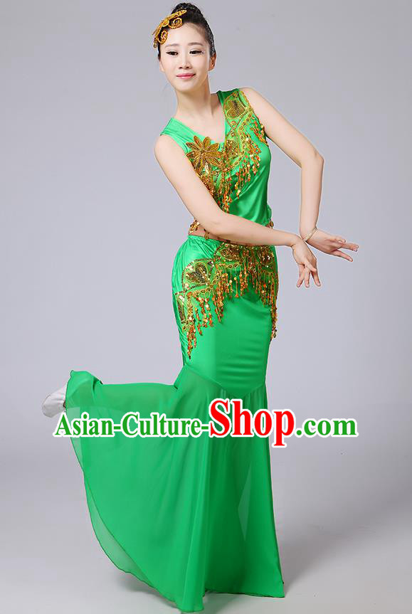 Traditional Chinese Dai Nationality Peacock Dancing Costume, Folk Dance Ethnic Paillette Tassel Fishtail Dress Palace Princess Uniform, Chinese Minority Nationality Dancing Green Clothing for Women