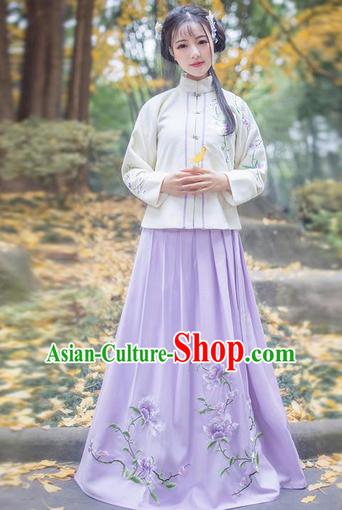 Traditional Ancient Chinese Young Lady Elegant Costume Embroidered Front Opening Blouse and Purple Slip Skirt Complete Set, Elegant Hanfu Clothing Chinese Ming Dynasty Imperial Princess Clothing for Women