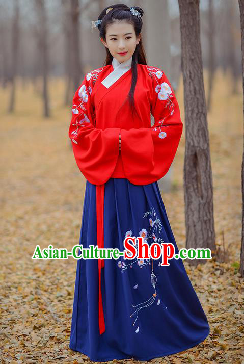 Traditional Ancient Chinese Young Lady Elegant Costume Embroidered Sleeve Pocket Slant Opening Blue Blouse and Slip Skirt Complete Set, Elegant Hanfu Clothing Chinese Ming Dynasty Imperial Princess Clothing for Women