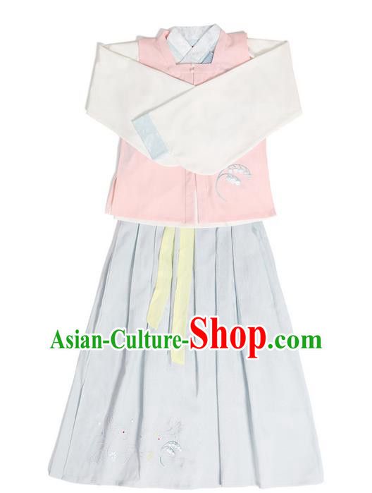 Traditional Ancient Chinese Young Lady Elegant Costume Embroidered Sleeveless Over-dress Slant Opening Blouse and Blue Slip Skirt Complete Set, Elegant Hanfu Clothing Chinese Ming Dynasty Imperial Princess Clothing for Women