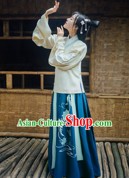 Traditional Ancient Chinese Young Lady Elegant Costume Embroidered Epiphyllum Slant Opening Blouse and Deep Blue Slip Skirt Complete Set, Elegant Hanfu Clothing Chinese Ming Dynasty Imperial Princess Clothing for Women