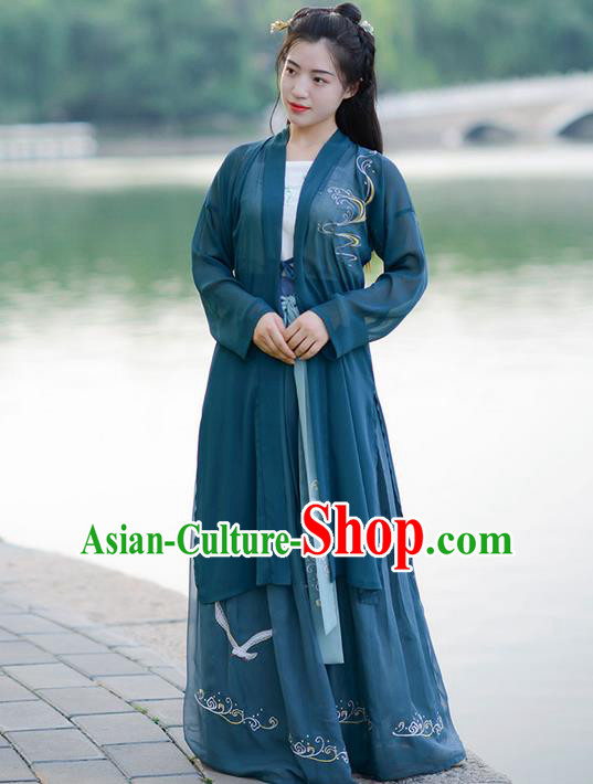 Traditional Ancient Chinese Young Lady Elegant Costume Embroidered Wide Sleeve Deep Green Cardigan, Elegant Hanfu Clothing Chinese Song Dynasty Imperial Princess Clothing for Women