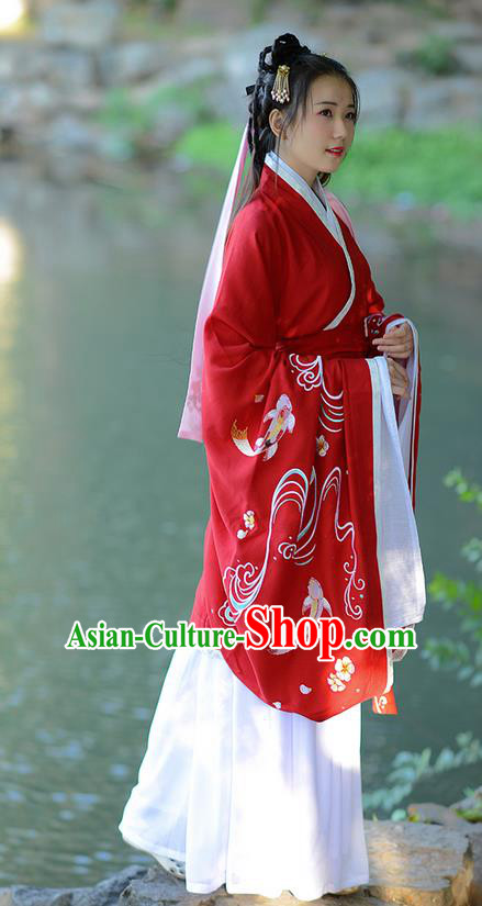 Traditional Ancient Chinese Young Lady Costume Embroidered Red Song Fringing and Belt, Elegant Hanfu Curving-Front Unlined Garment Dress Chinese Han Dynasty Imperial Princess Dress Clothing for Women