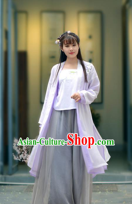 Traditional Ancient Chinese Young Lady Costume Embroidered Purple Cardigan Blouse Boob Tube Top and Slip Skirt Complete Set, Elegant Hanfu Suits Clothing Chinese Song Dynasty Imperial Princess Dress Clothing for Women