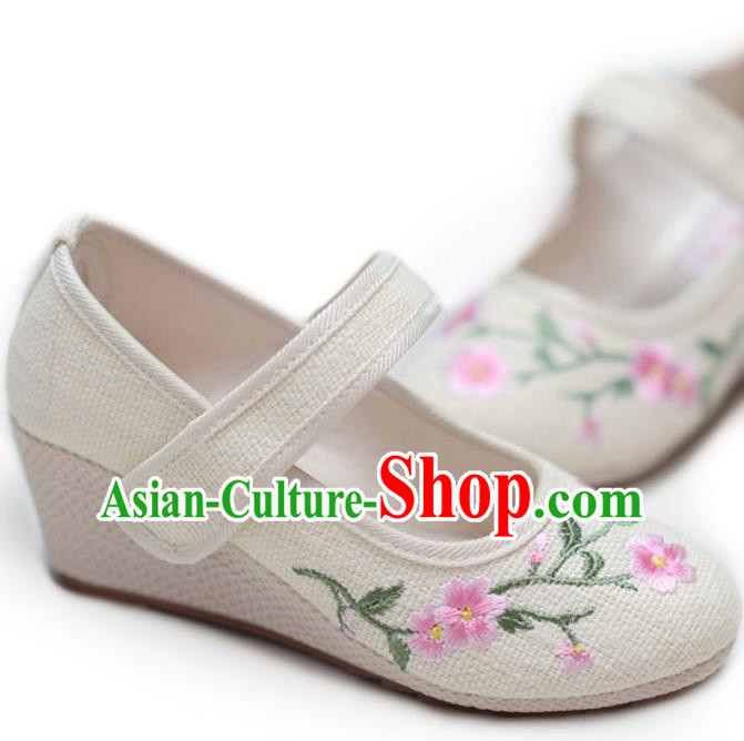 Traditional Chinese Ancient Shoes, China Handmade Embroidered Flowers Beige Shoes, Princess High-heeled Shoes for Women