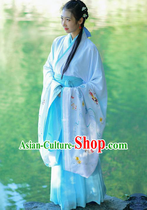 Traditional Ancient Chinese Young Lady Costume Embroidered White Song Fringing and Belt, Elegant Hanfu Curving-Front Unlined Garment Dress Chinese Han Dynasty Imperial Princess Dress Clothing for Women