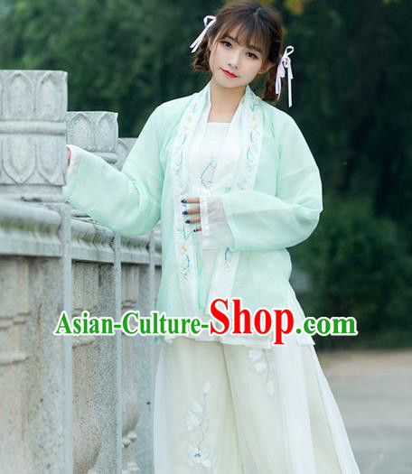 Traditional Ancient Chinese Young Lady Costume Embroidered BeiZi Green Cardigan, Elegant Hanfu Cloak Clothing Chinese Ming Dynasty Imperial Princess Dress Clothing for Women